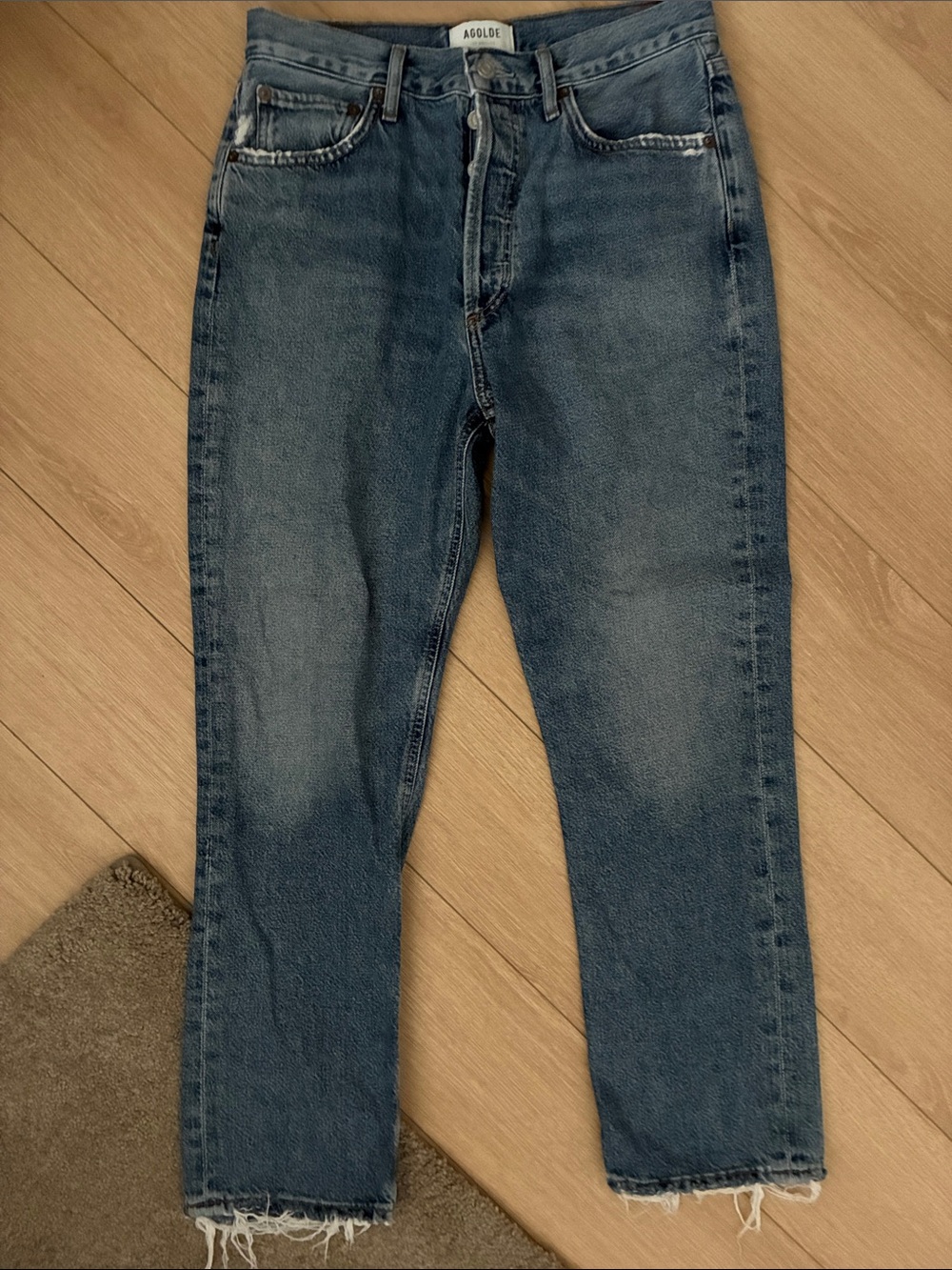 Agolde Men's Medium Blue Straight Leg Jeans with Raw Hem